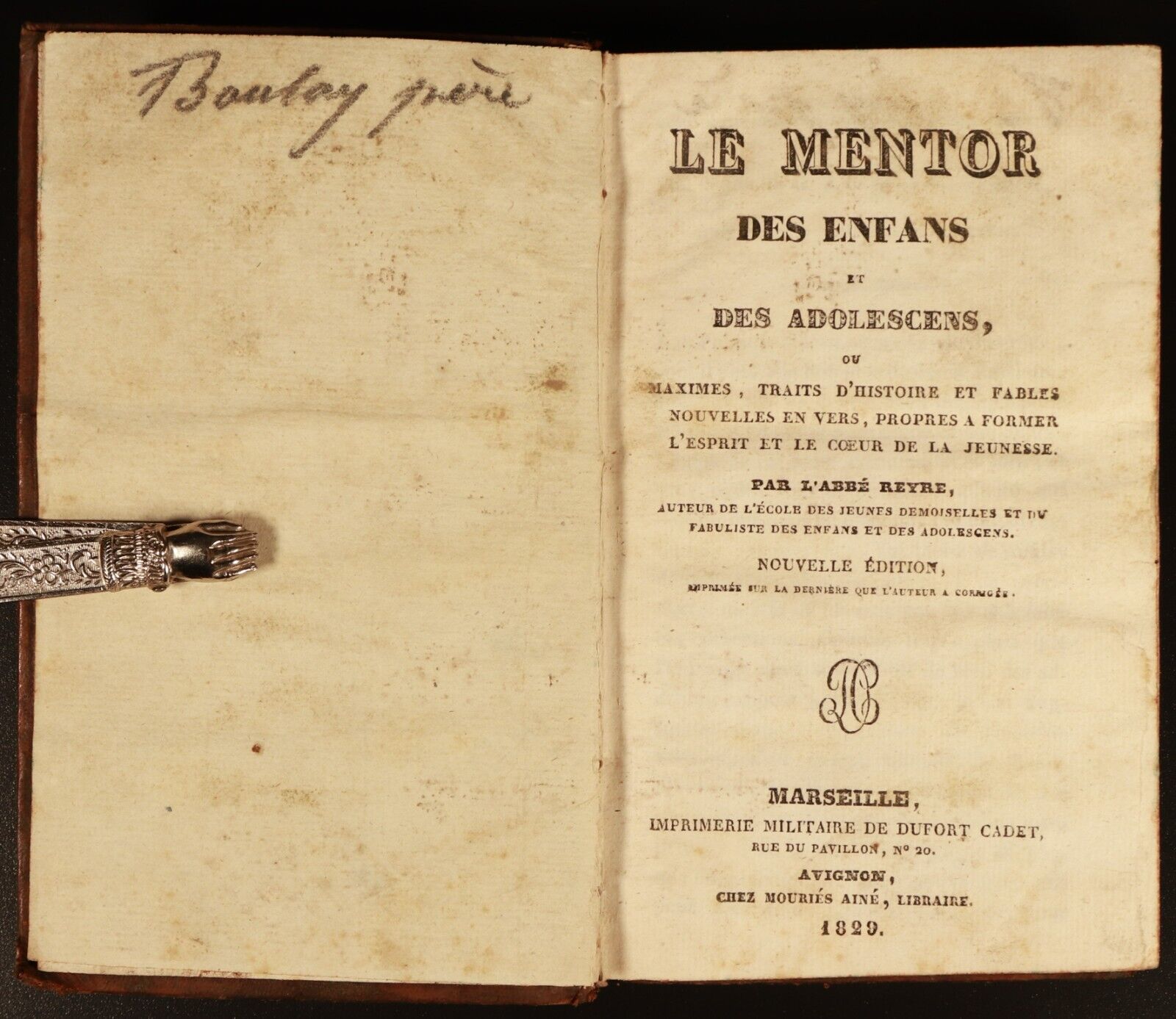 1829 Le Mentor des Enfans et des Adolescens Antiquarian French Reference Book