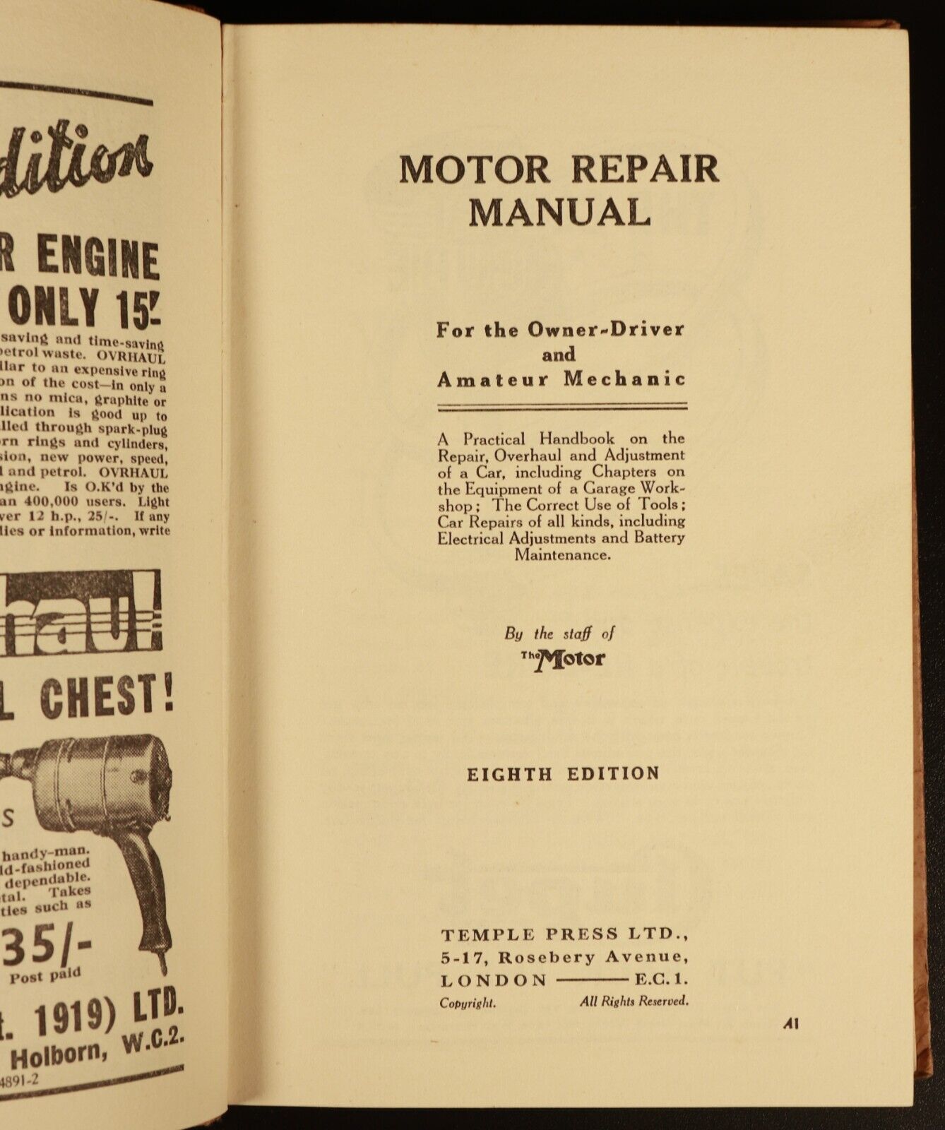 c1905 The Motor Repair Manual 8th Edition Antique Automotive Book Temple Press