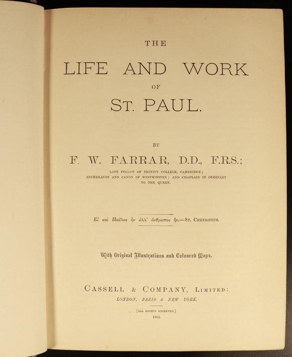 1883 Life & Work Of St Paul by F.W. Farrar Antique Theology Book Illustrated