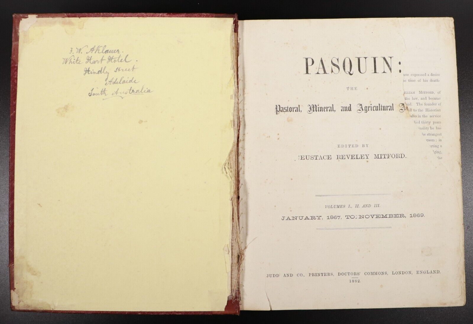 1882 Pasquin Newspaper Antiquarian South Australian News Journal Book 1867-1869 - 0