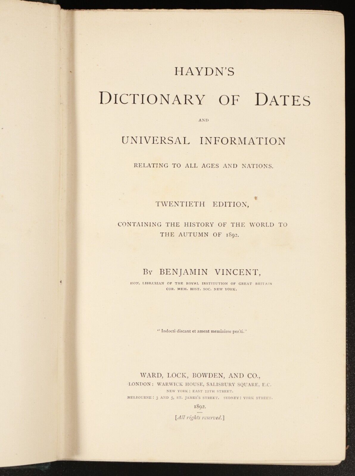 1892 Haydn's Dictionary Of Dates & Universal Information Antique Reference Book