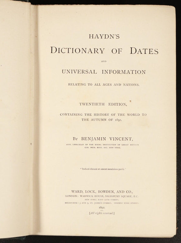 1892 Haydn's Dictionary Of Dates & Universal Information Antique Reference Book