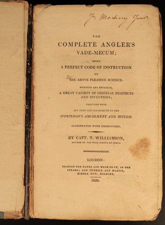1808 The Complete Anglers Vade-Mecum by T. Williamson Antiquarian Fishing Book