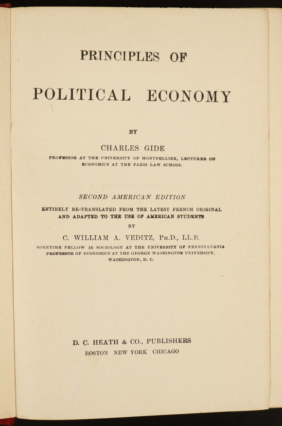1903 Principles Of Political Economy by Charles Gide Antique Economics Book