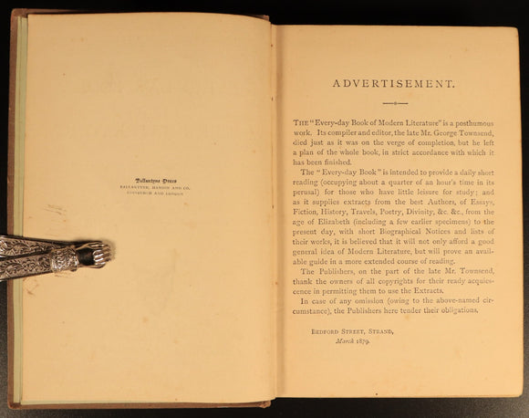 Everyday Book Of Modern Literature by GH Townsend c1870 Antique Book Chandos