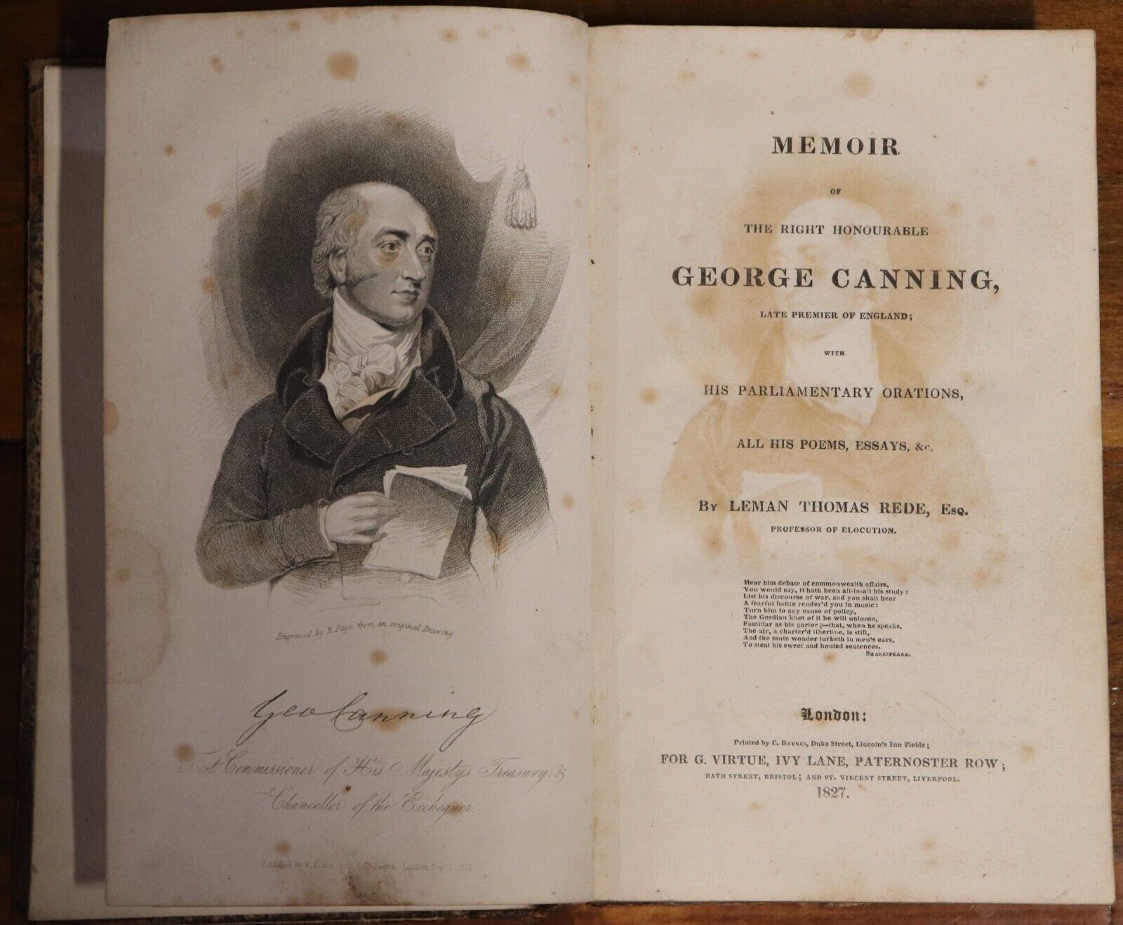 1827 Memoir Of George Canning by LT Rede Antiquarian Political History Book