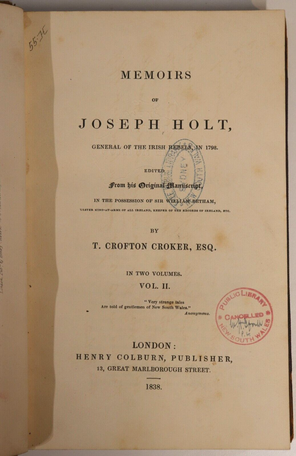 1838 Memoirs Of Joseph Holt: T Croker Antique Irish Australian History Book