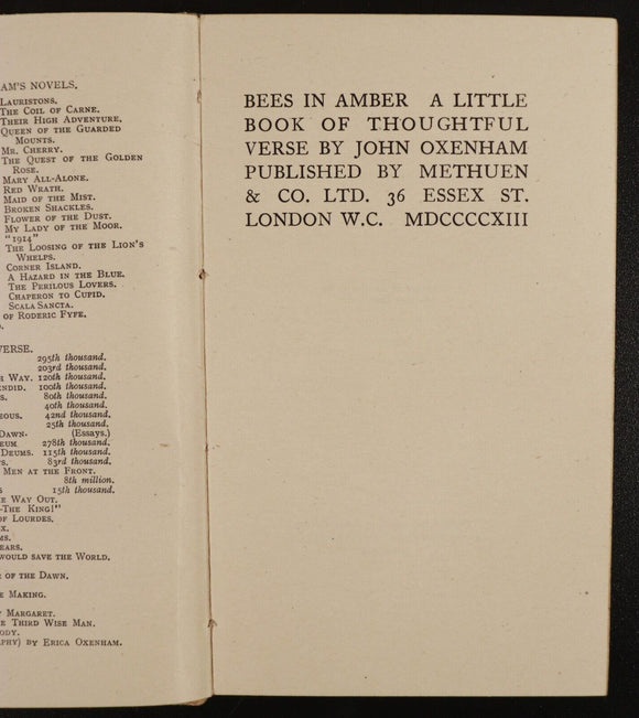 1944 Bees In Amber - Thoughtful Verse by John Oxenham British Poetry Book