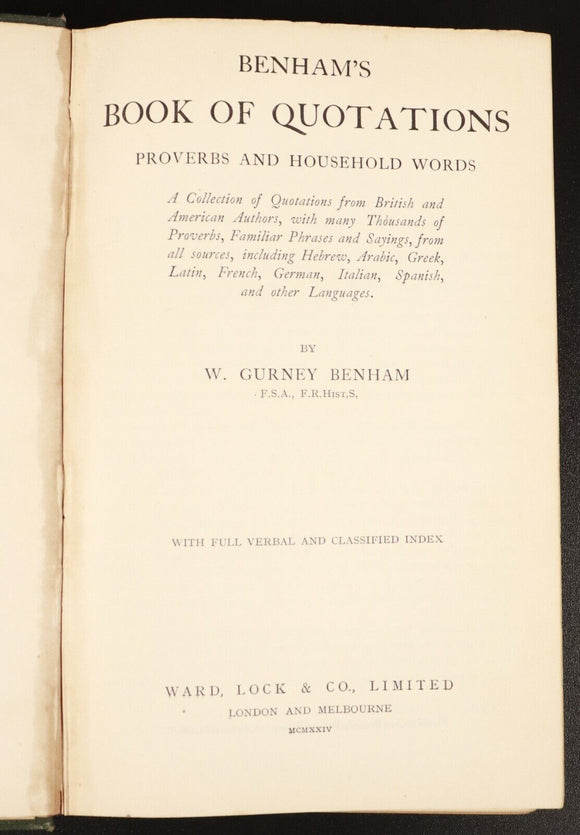 1924 Benham's Book Of Quotations Proverbs Household Words Antique English Book