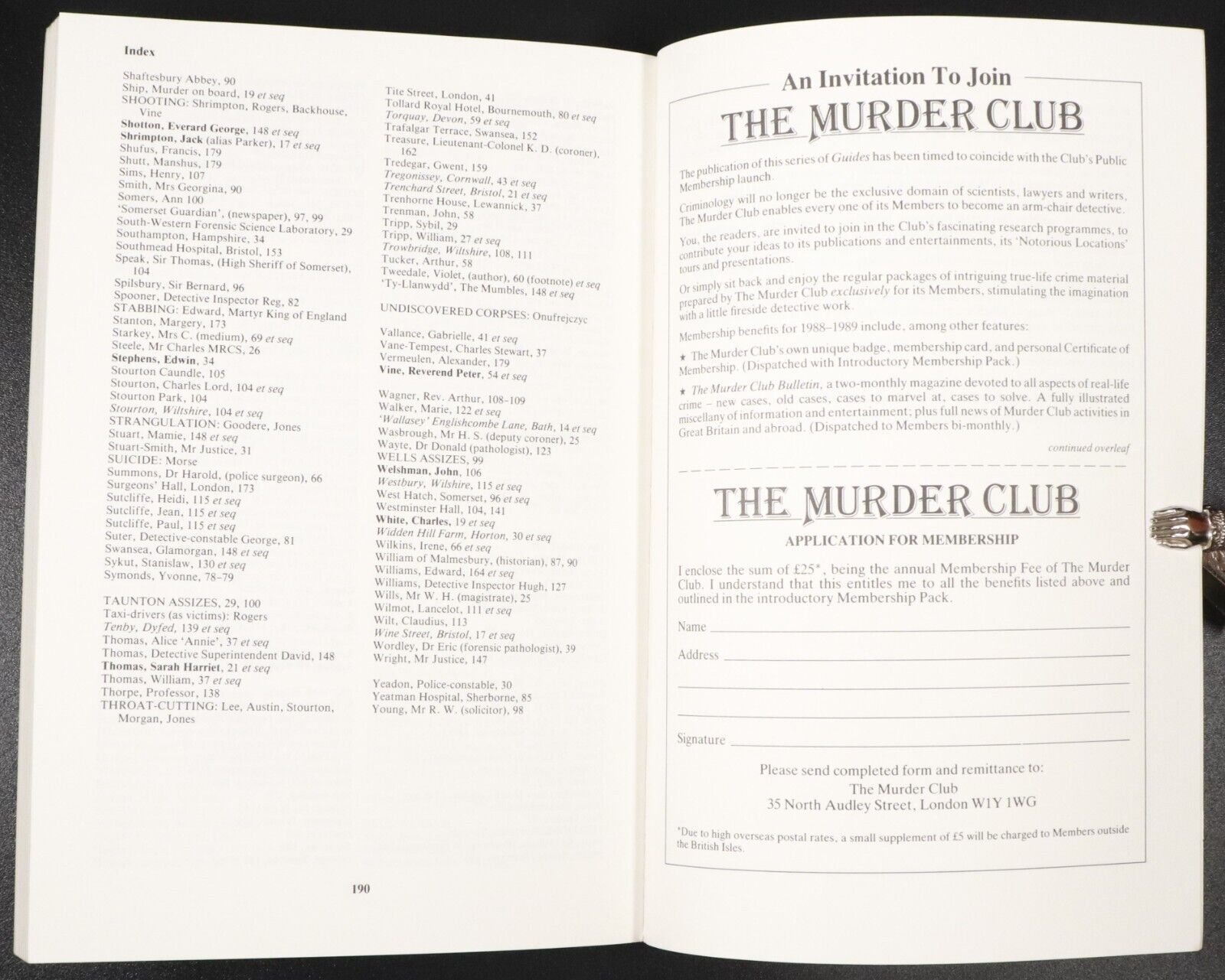 1989 The Murder Club S.W. England & Wales by B. Lane True Crime History Book