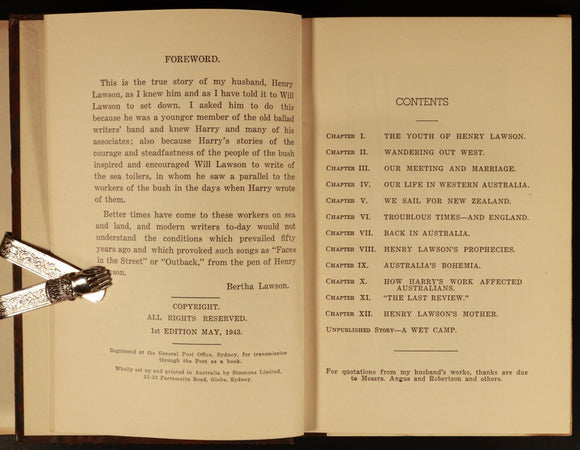 1943 My Henry Lawson by Bertha Lawson Antique Australian Biography History Book