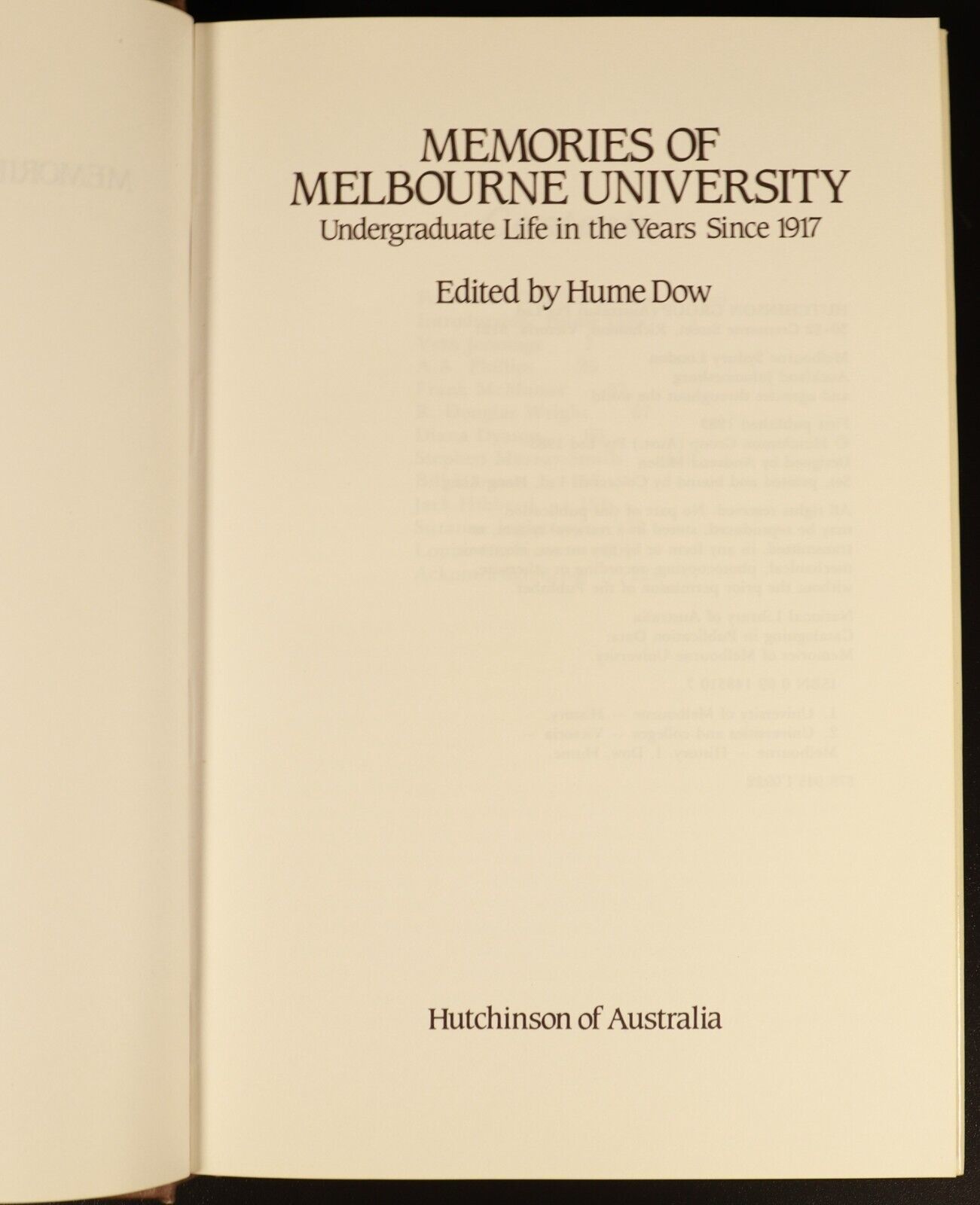 Memories Of Melbourne University by Hume Dow 1983 Australian History Book