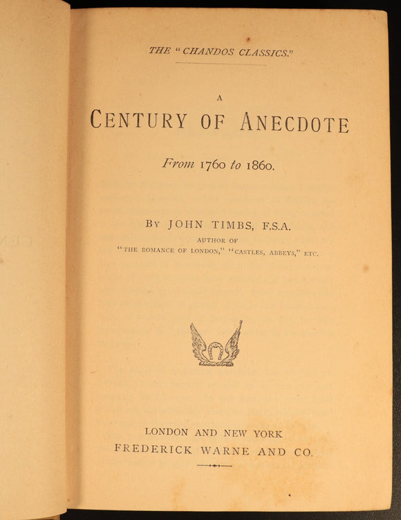 A Century Of Anecdote by John Timbs c1870 Antique Book PLUS Perrottet Bookplate