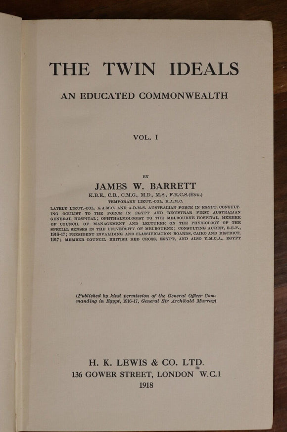 1918 The Twin Ideals: An Educated Commonwealth Australian History Book Set