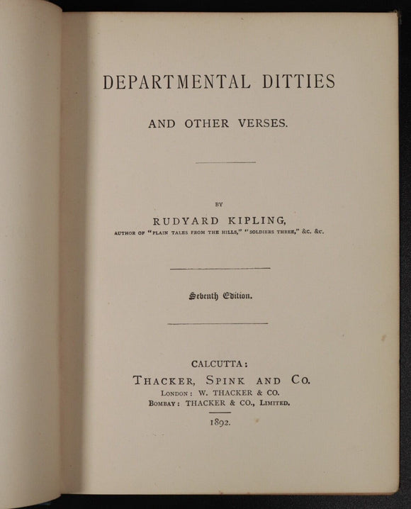 1892 Departmental Ditties & Other Verses by Rudyard Kipling Antique Book 7th Ed.