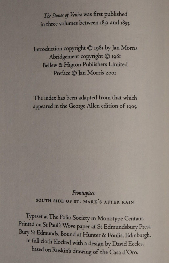 2001 The Stones Of Venice: John Ruskin Folio Society Architecture Reference Book