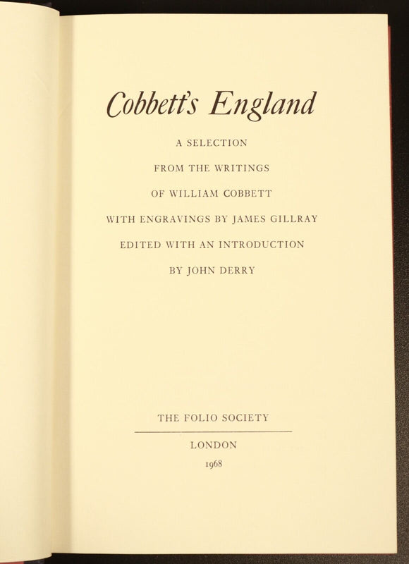 1968 Cobbett's England: Writings Of William Cobbett Folio Society History Book