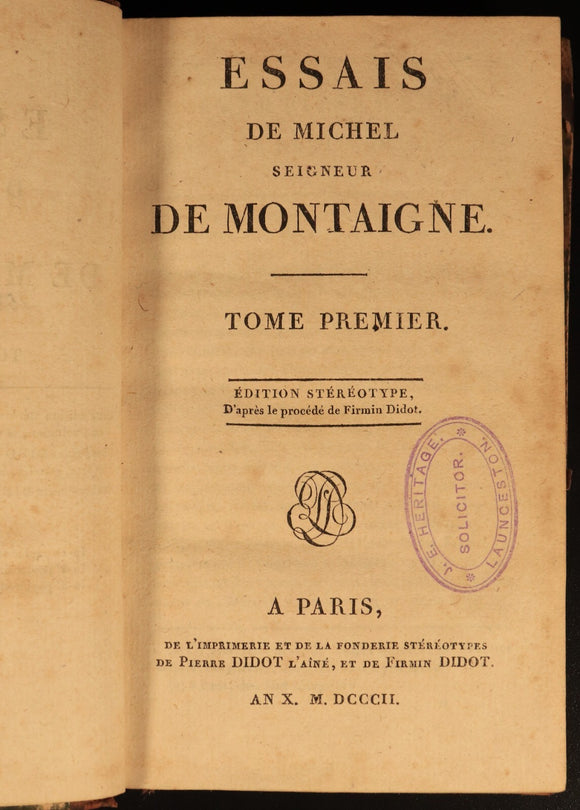 1802 Essais De Michel De Montaigne Antiquarian French Literature Book Vol 1