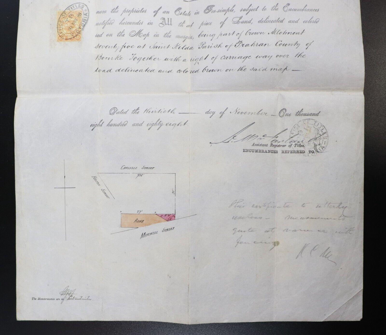 1888 Victorian Land Title Certificate Saint Kilda Melbourne Manuscript Carlisle