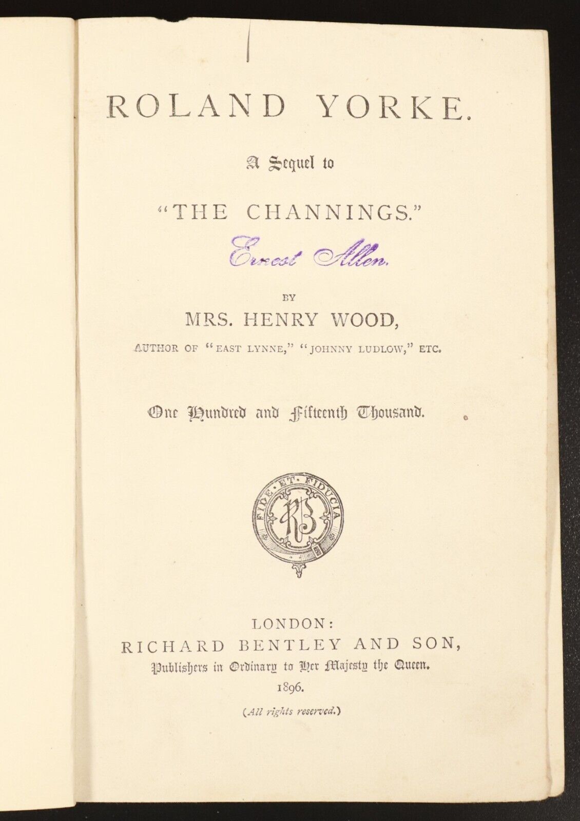 1896 Roland Yorke by Mrs Henry Wood Antique British Female Author Fiction Book