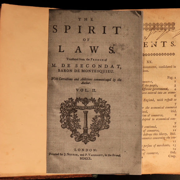 1750 The Spirit Of The Laws by M. De Secondat Antiquarian Legal History Book V2
