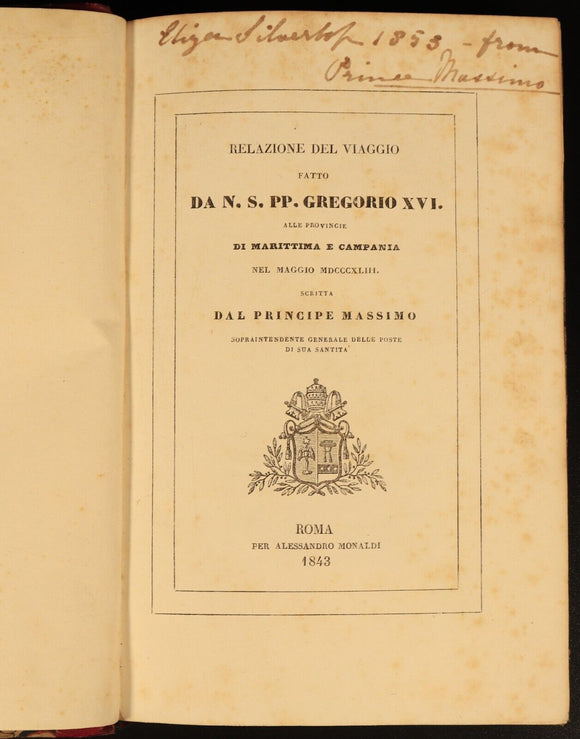 1843 Relazione Viaggio Fatto PP Gregoria XVI Italian Antiquarian Theology Book