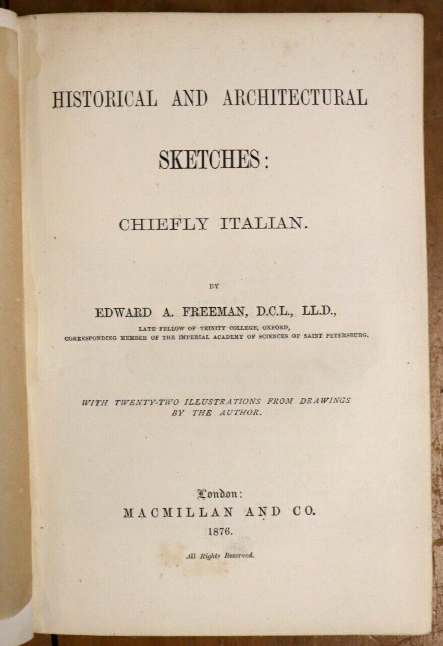 1876 Historical & Architectural Sketches by EA Freeman 1st Edition Antique Book - 0