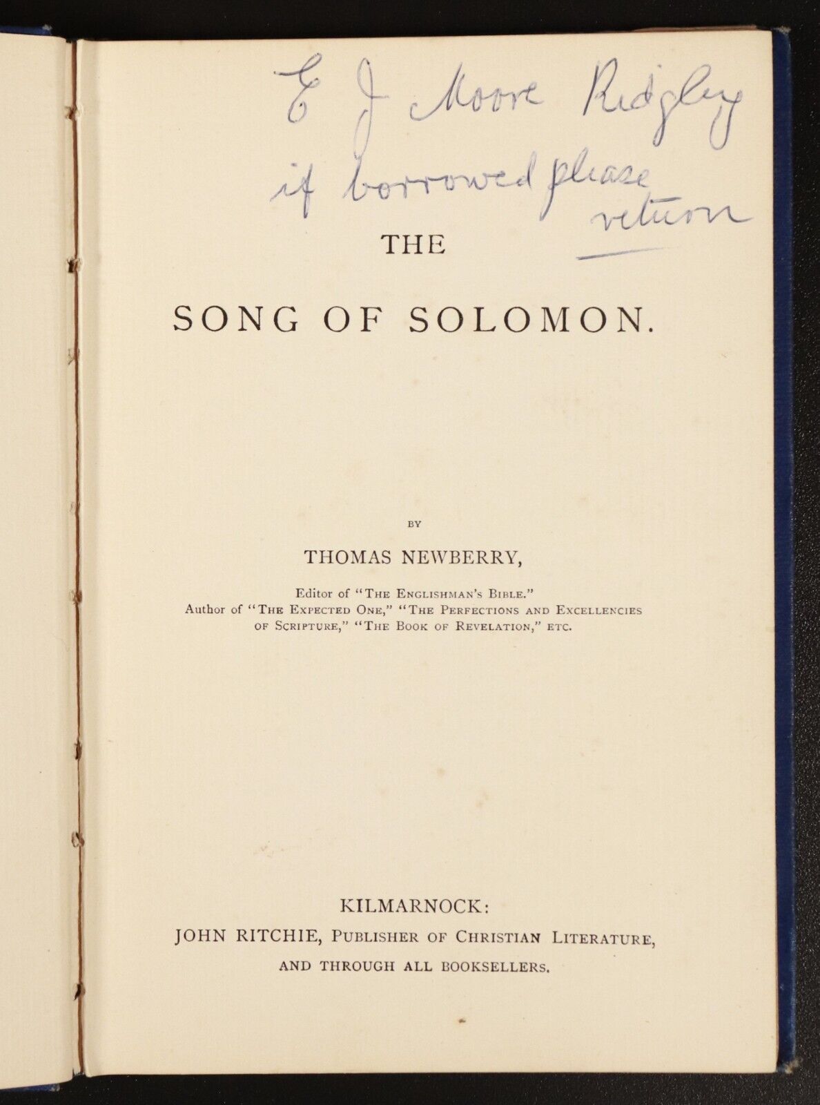 c1915 The Song Of Solomon by Thomas Newberry Antique Christian Theology Book