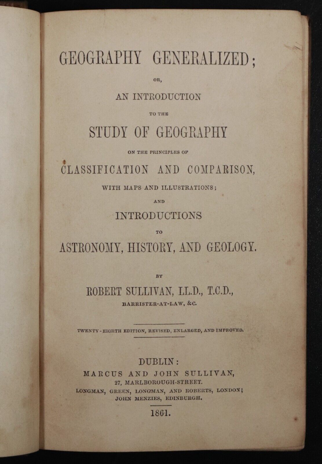 1861 Geography Generalized by Robert Sullivan Antiquarian Natural History Book - 0