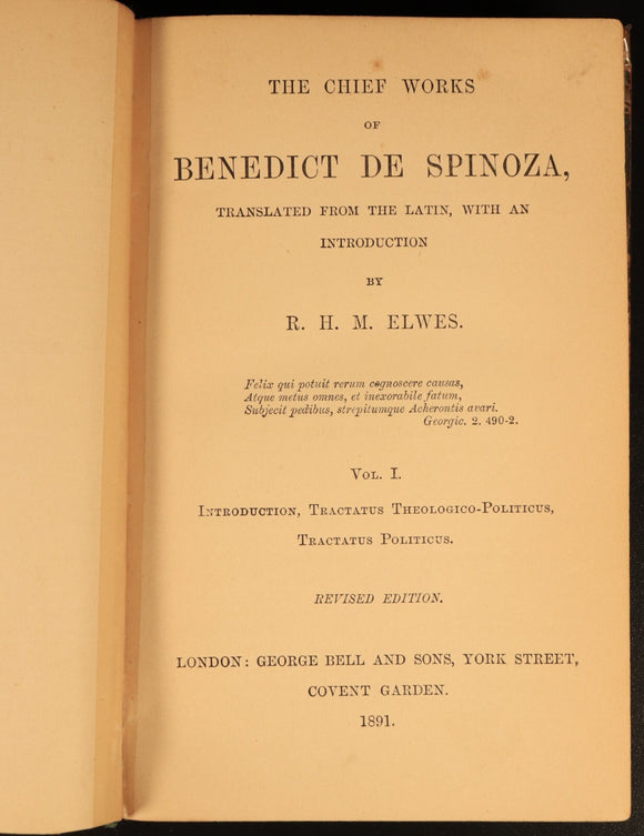 1891 Chief Works Of Benedict De Spinoza Antique British Philosophy Book 2vol