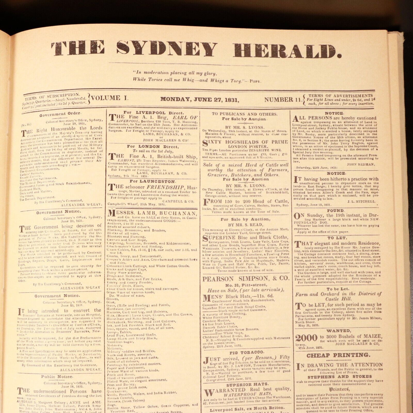 c1982 The Sydney Morning Herald 1831 to 1832 Australian Newspaper Facsimile Book