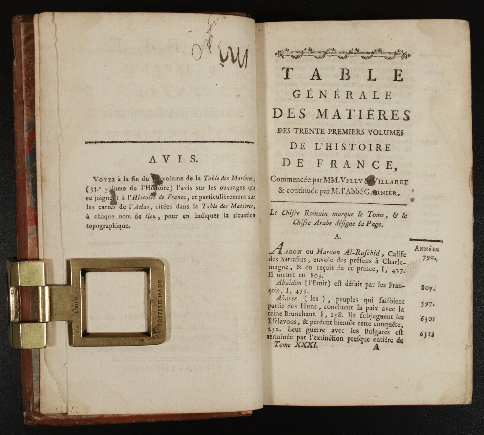 c1785 Table Générale des Matières de l'Histoire de France Antiquarian Book