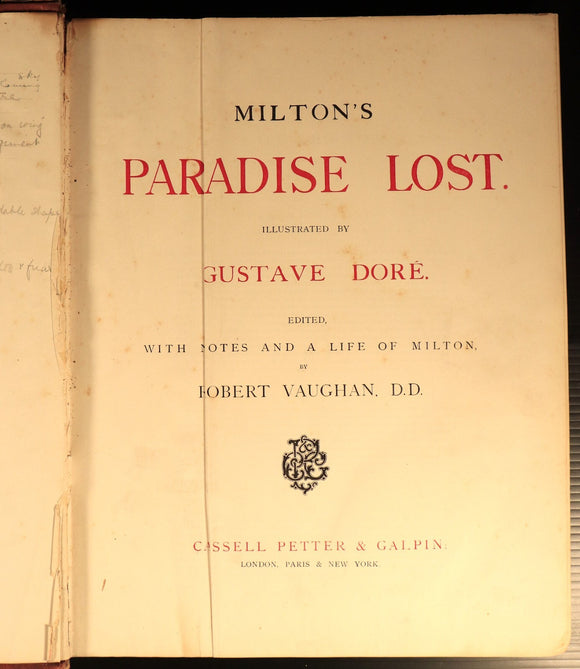 c1880 Milton's Paradise Lost: Gustave Dore Antiquarian Book Engravings In Red