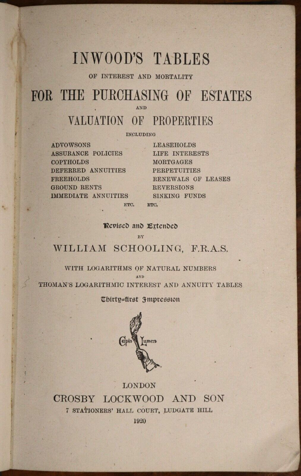 1920 Inwood's Tables For Estates & Properties Antique Finance History Book - 0