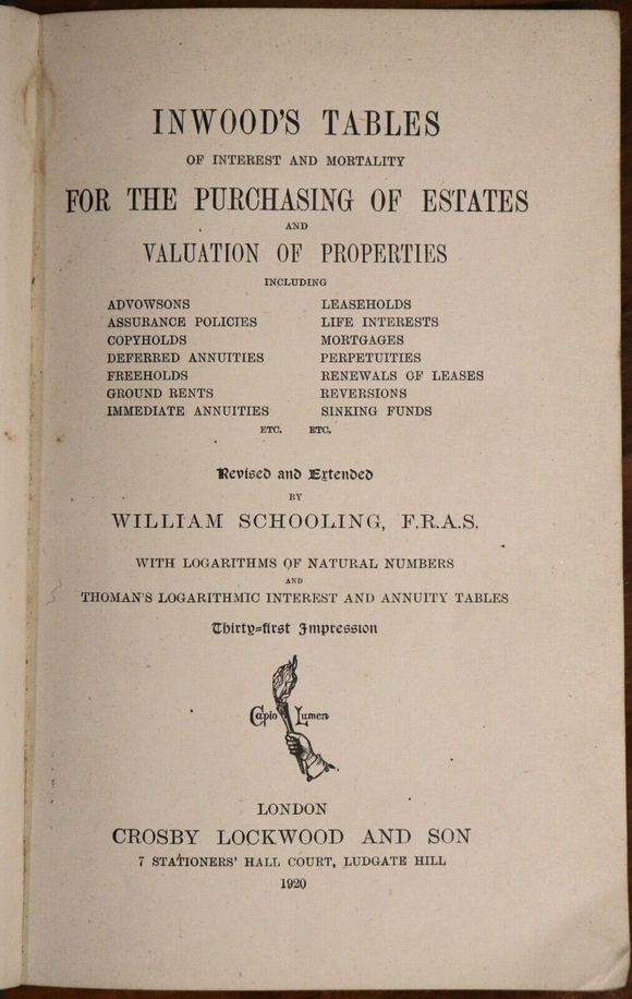 1920 Inwood's Tables For Estates & Properties Antique Finance History Book