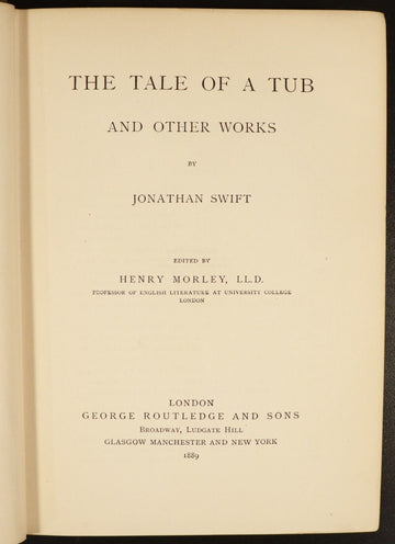 1889 The Tale Of A Tub by Jonathan Swift Antique British Literature Book - 0