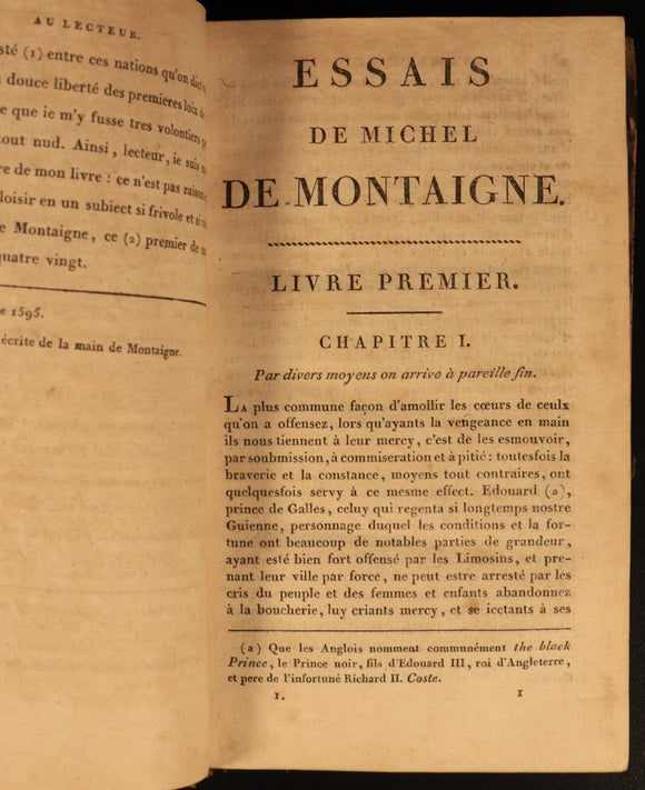 1802 Essais De Michel De Montaigne Antiquarian French Literature Book Vol 1