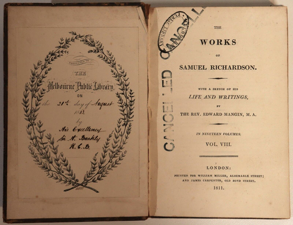 c1831 The Works Of Samuel Richardson Antiquarian Australian History Book