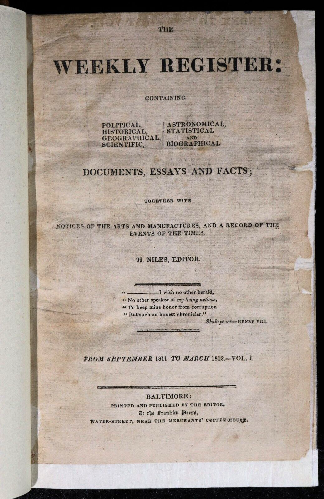 1811 to 1812 The Weekly Register Volume 1 Antiquarian American History Book - 0