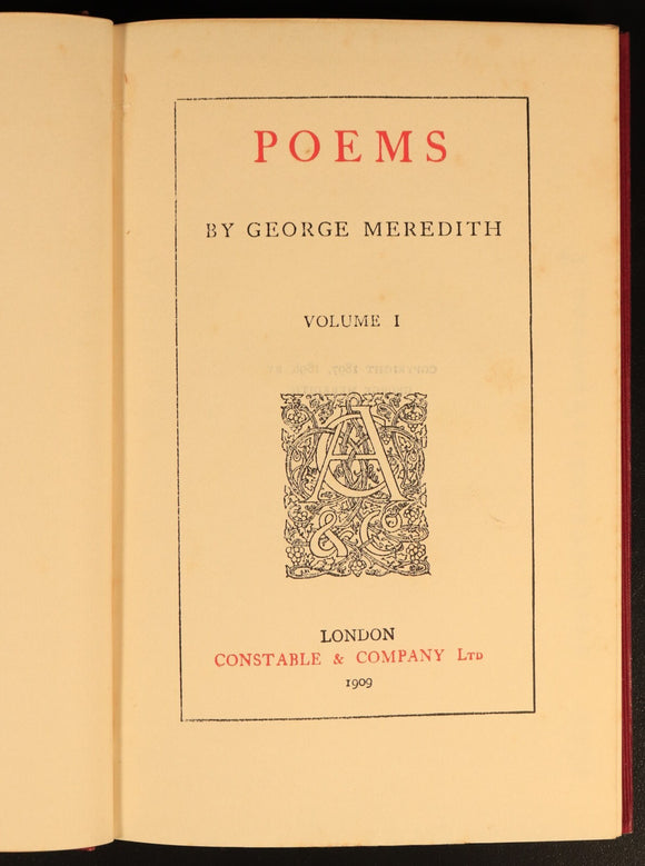 1909 Poems by George Meredith 2 Volume Antique British Poetry Book Set