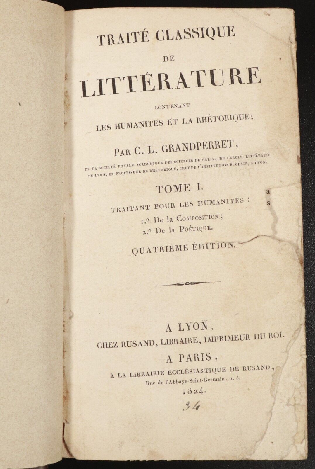 1824 Traite Classique Litterature Antiquarian French Literature Book Grandperret