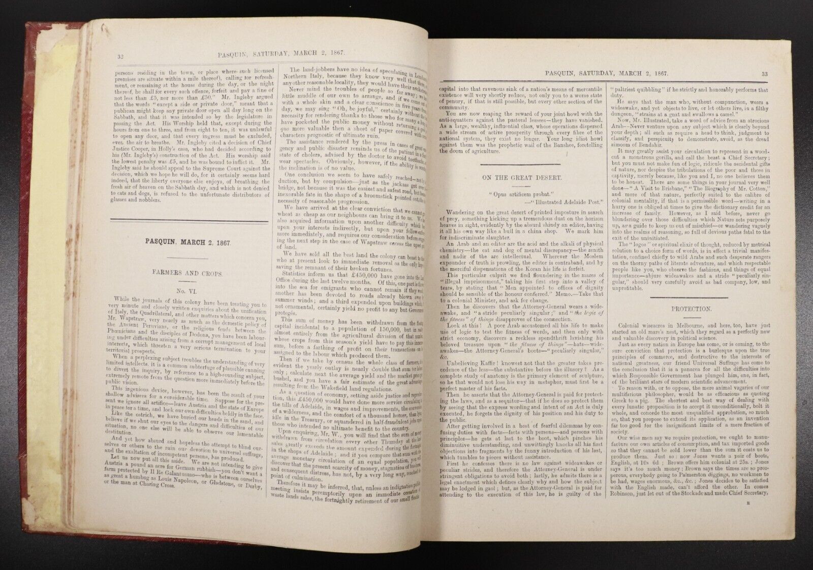 1882 Pasquin Newspaper Antiquarian South Australian News Journal Book 1867-1869