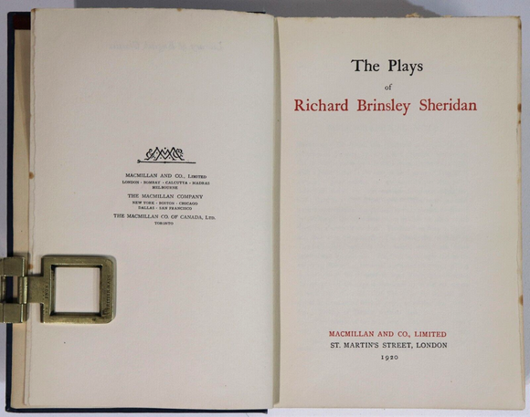 1920 The Plays Of Richard Brinsley Sheridan Antique British Stage Play Book