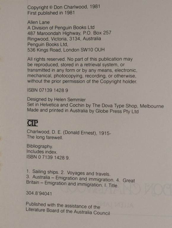 1981 The Long Farewell: Settlers Under Sail Australian Migration History Book