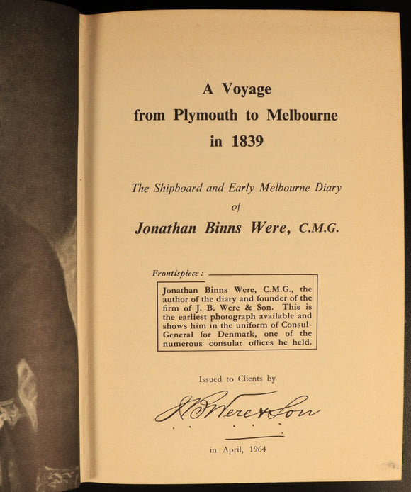 Voyage From Plymouth To Melbourne In 1839 Australian History Book J.B. Were