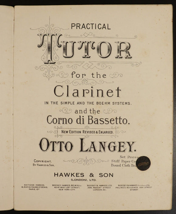 c1895 Practical Tutor For The Clarinet Antique Classical Music Reference Book