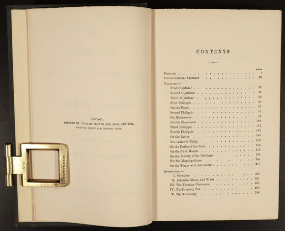 1889 The Olynthiac Of Demosthenes Antiquarian Ancient Greece History Book