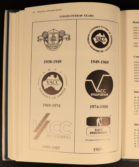 1989 Sixty Years Of Premium Quality VACC Insurance Australian History Book