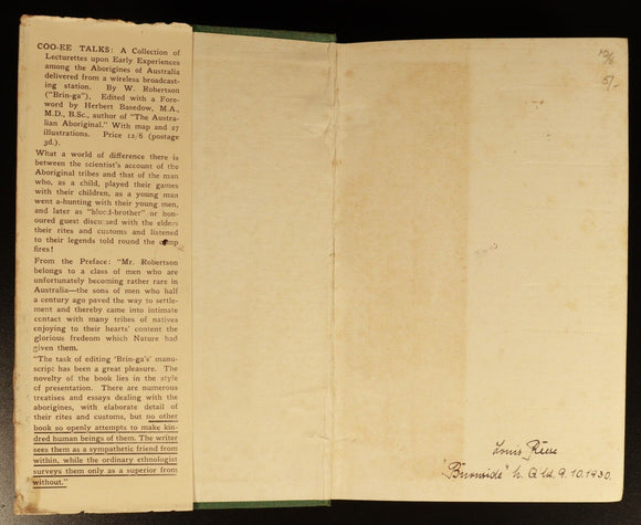 1928 Coo-ee Talks by W. Robertson Australian Aboriginal History Book 1st Edition