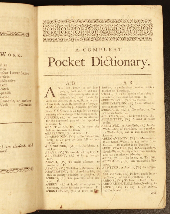 1753 Pocket Dictionary or Complete English Expositor Rare Antiquarian Book 1st
